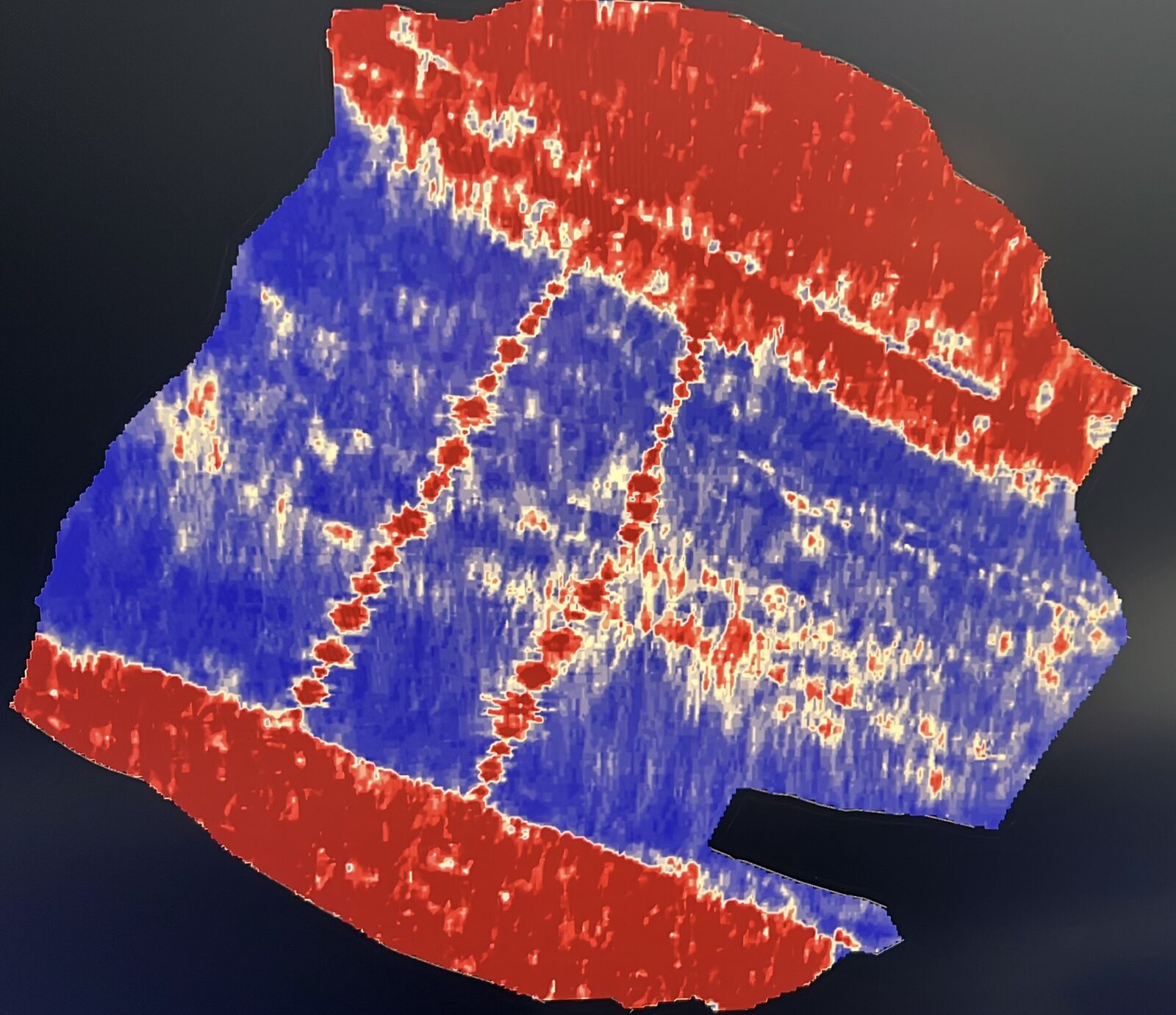 GPR time-slice radargram showing linear and circular subsurface anomalies